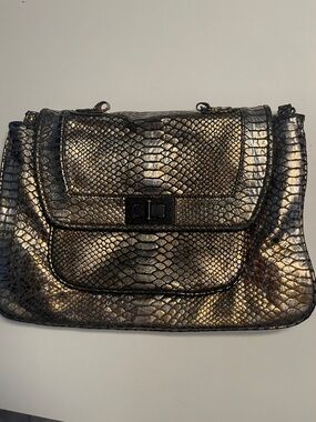 Metallic Snake-Embossed Shoulder Bag - Bronze
